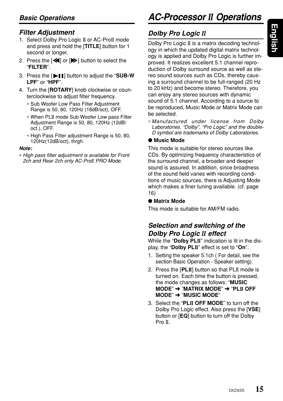 Ac-processor, Operations, 15 english | Dolby pro logic, Selection and switching of the dolby pro logic, Effect, Filter adjustment, Basic operations | Clarion DXZ935 User Manual | Page 11 / 30