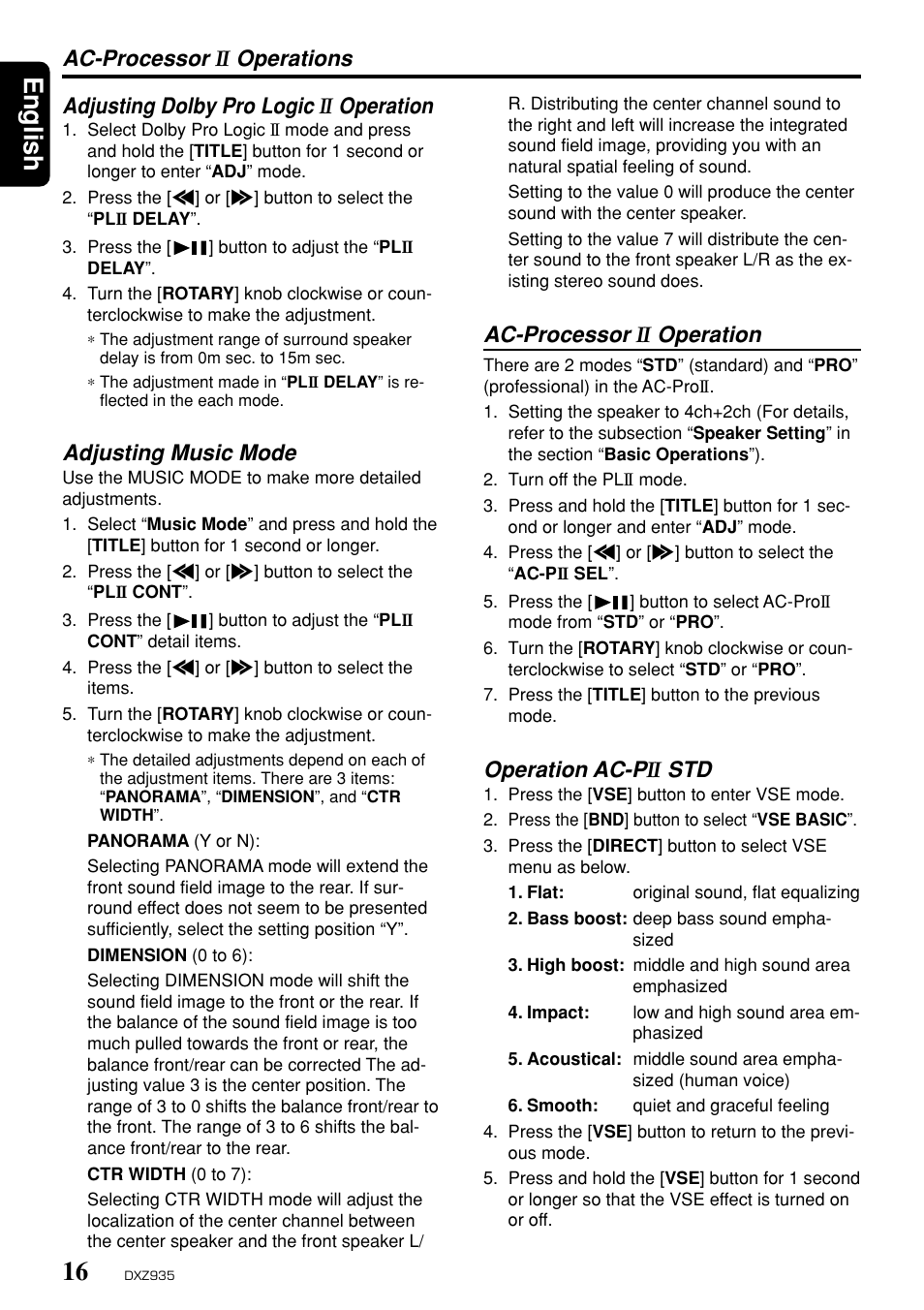 English, Ac-processor, Operations adjusting dolby pro logic | Operation, Adjusting music mode, Operation ac-p | Clarion DXZ935 User Manual | Page 12 / 30