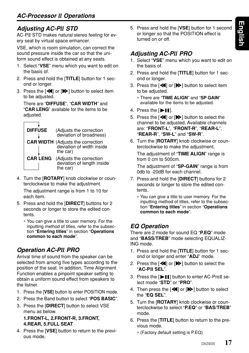 17 english, Adjusting ac-p, Ac-processor | Operations, Eq operation, Operation ac-p | Clarion DXZ935 User Manual | Page 13 / 30