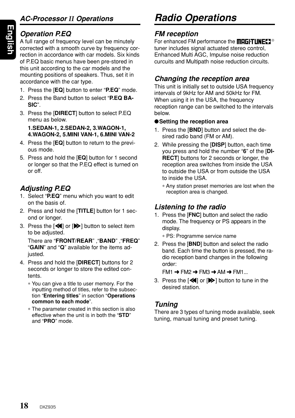 Radio operations, English, Fm reception | Changing the reception area, Listening to the radio, Tuning, Operation p.eq, Adjusting p.eq, Ac-processor, Operations | Clarion DXZ935 User Manual | Page 14 / 30