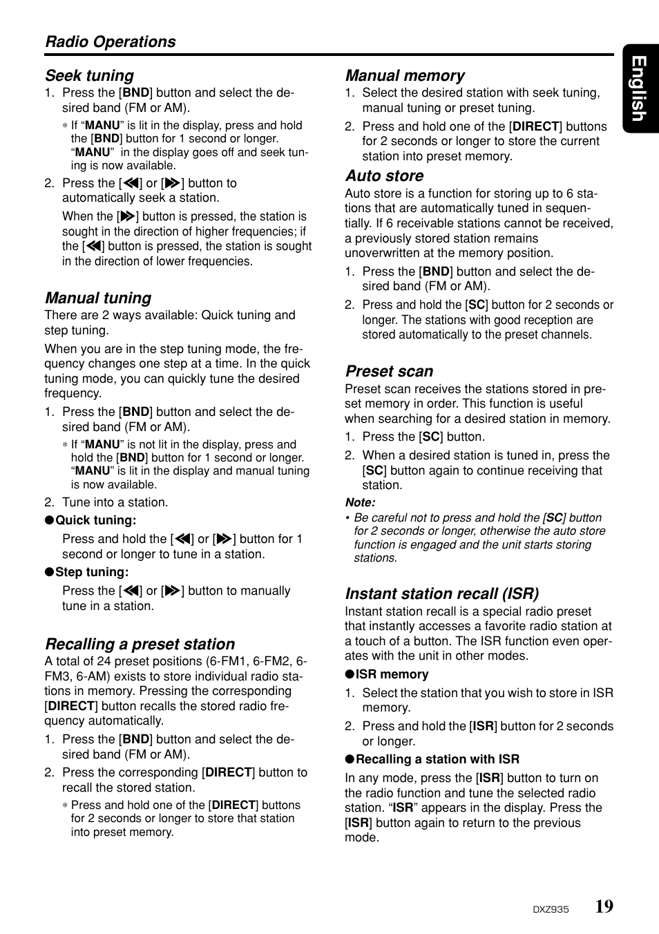 19 english, Auto store, Preset scan | Instant station recall (isr), Radio operations seek tuning, Manual tuning, Recalling a preset station | Clarion DXZ935 User Manual | Page 15 / 30