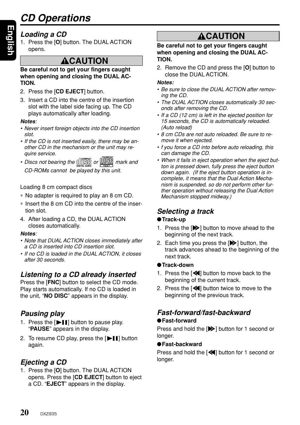 Cd operations, English, Caution | Loading a cd, Listening to a cd already inserted, Pausing play, Ejecting a cd, Selecting a track, Fast-forward/fast-backward | Clarion DXZ935 User Manual | Page 16 / 30