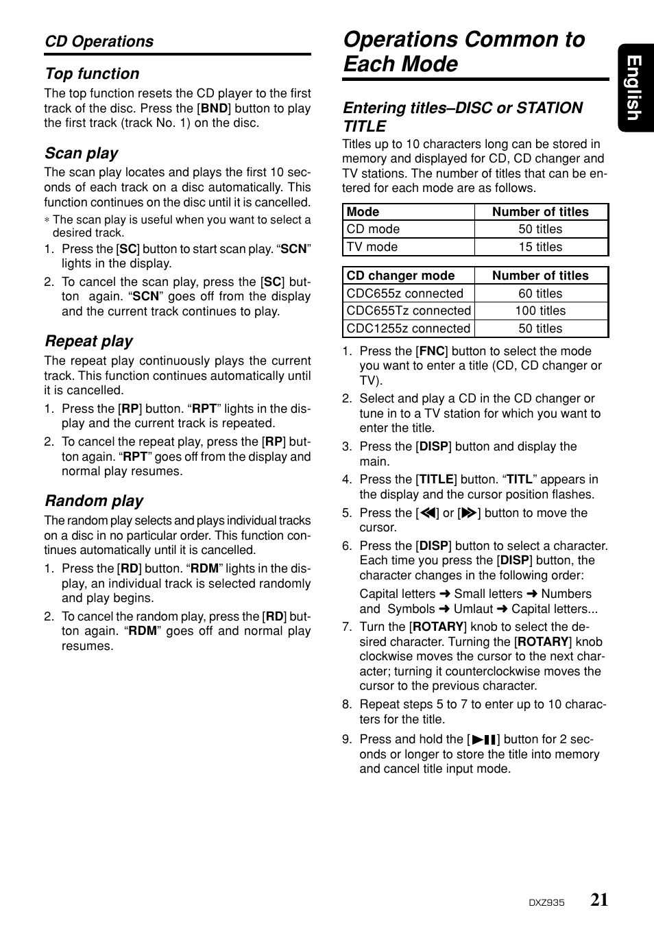Operations common to each mode, 21 english, Entering titles–disc or station title | Cd operations top function, Scan play, Repeat play, Random play | Clarion DXZ935 User Manual | Page 17 / 30