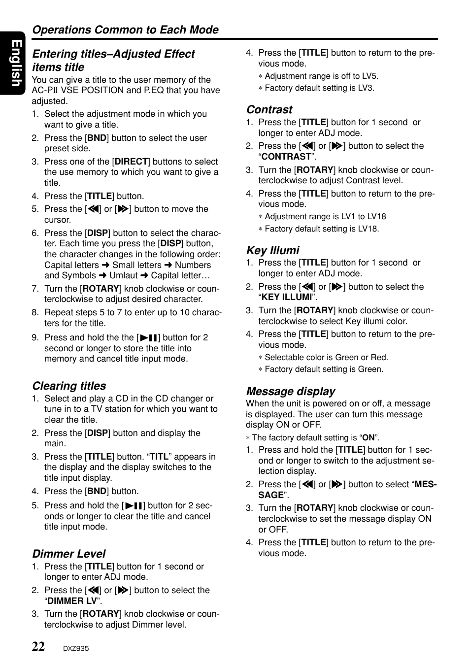 English, Entering titles–adjusted effect items title, Clearing titles | Dimmer level, Operations common to each mode, Contrast, Key illumi, Message display | Clarion DXZ935 User Manual | Page 18 / 30