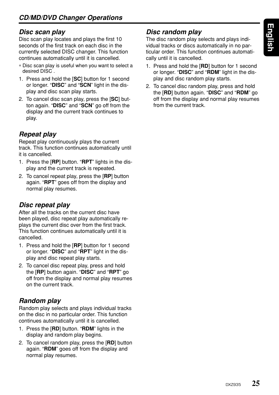 25 english, Cd/md/dvd changer operations disc scan play, Repeat play | Disc repeat play, Random play, Disc random play | Clarion DXZ935 User Manual | Page 21 / 30