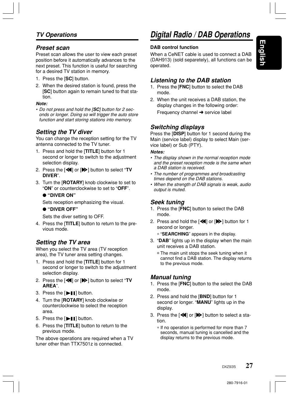 Digital radio / dab operations, 27 english, Preset scan | Setting the tv diver, Setting the tv area, Tv operations, Listening to the dab station, Switching displays, Seek tuning, Manual tuning | Clarion DXZ935 User Manual | Page 23 / 30