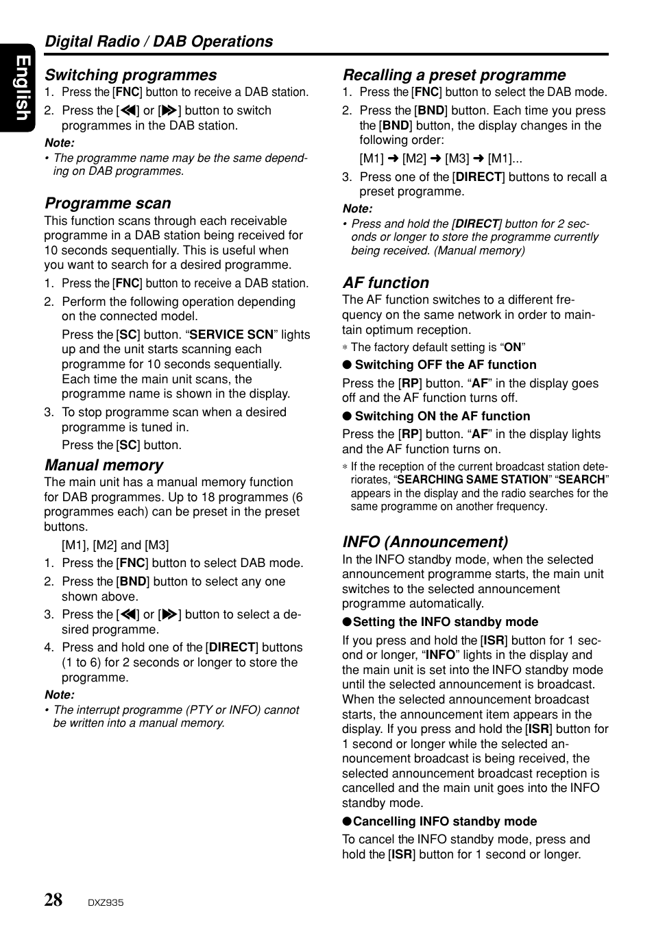 English, Programme scan, Recalling a preset programme | Af function, Info (announcement) | Clarion DXZ935 User Manual | Page 24 / 30