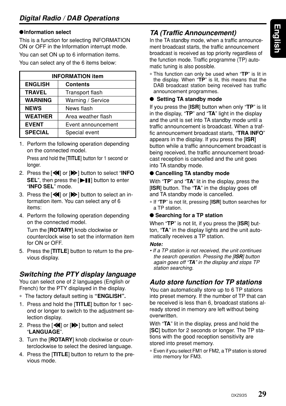 29 english, Digital radio / dab operations, Switching the pty display language | Ta (traffic announcement), Auto store function for tp stations | Clarion DXZ935 User Manual | Page 25 / 30