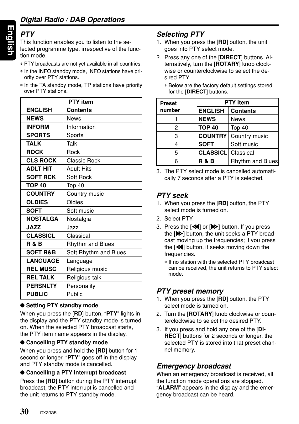 English, Digital radio / dab operations pty, Selecting pty | Pty seek, Emergency broadcast | Clarion DXZ935 User Manual | Page 26 / 30