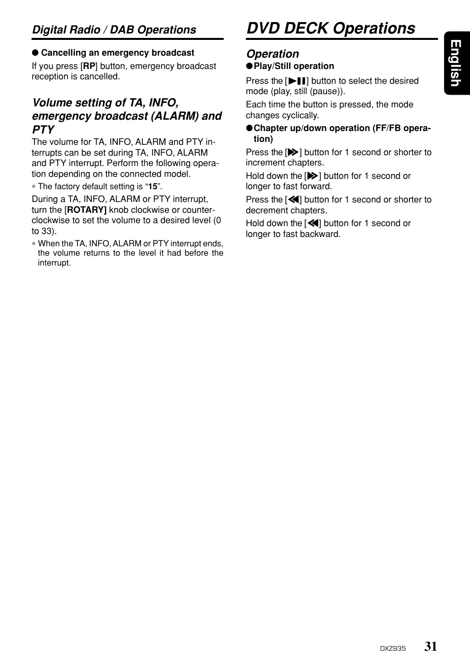 Dvd deck operations, 31 english, Operation | Digital radio / dab operations | Clarion DXZ935 User Manual | Page 27 / 30