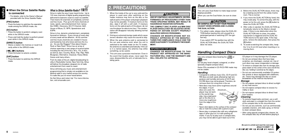 Precautions, Dual action, Handling compact discs | 4english english english, Caution, What is sirius satellite radio, When the sirius satelite radio is connected, Handling, Storage, Cleaning | Clarion DXZ935 User Manual | Page 3 / 30