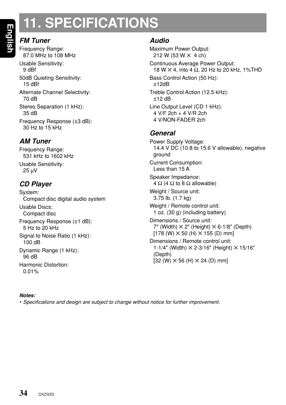 Specifications, English, Fm tuner | Am tuner, Cd player, Audio, General | Clarion DXZ935 User Manual | Page 30 / 30