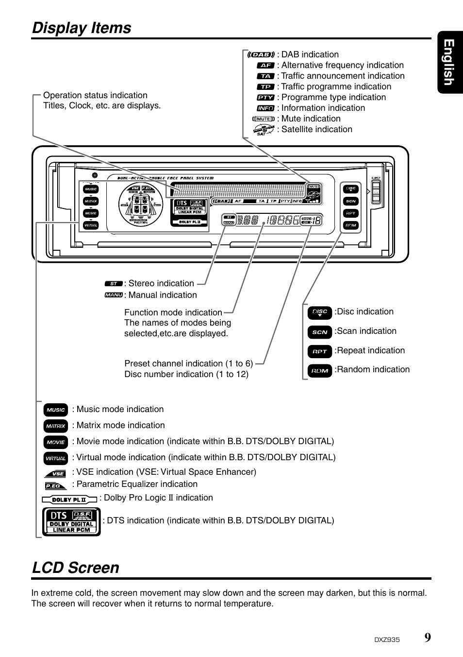 Lcd screen, Display items, 9english | Clarion DXZ935 User Manual | Page 5 / 30