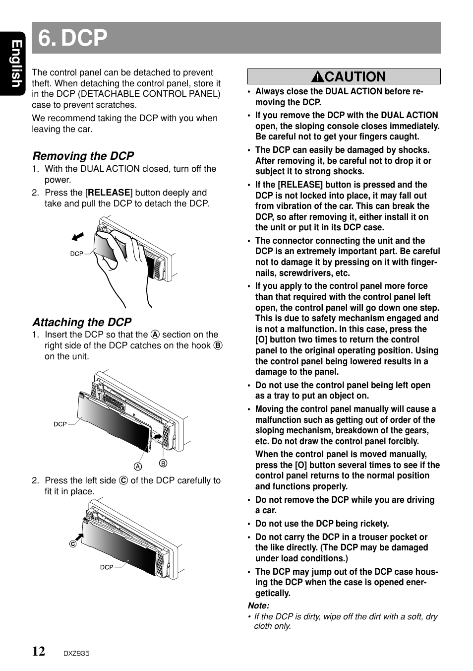 English, Caution, Removing the dcp | Attaching the dcp | Clarion DXZ935 User Manual | Page 8 / 30