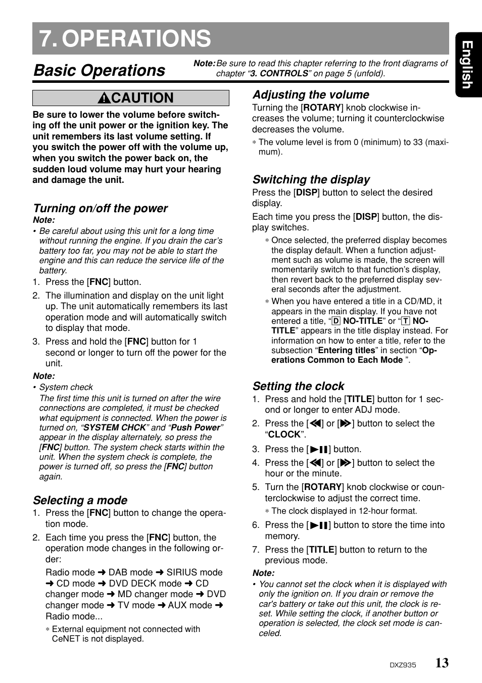 Operations, Basic operations, 13 english | Caution, Turning on/off the power, Selecting a mode, Adjusting the volume, Switching the display, Setting the clock | Clarion DXZ935 User Manual | Page 9 / 30