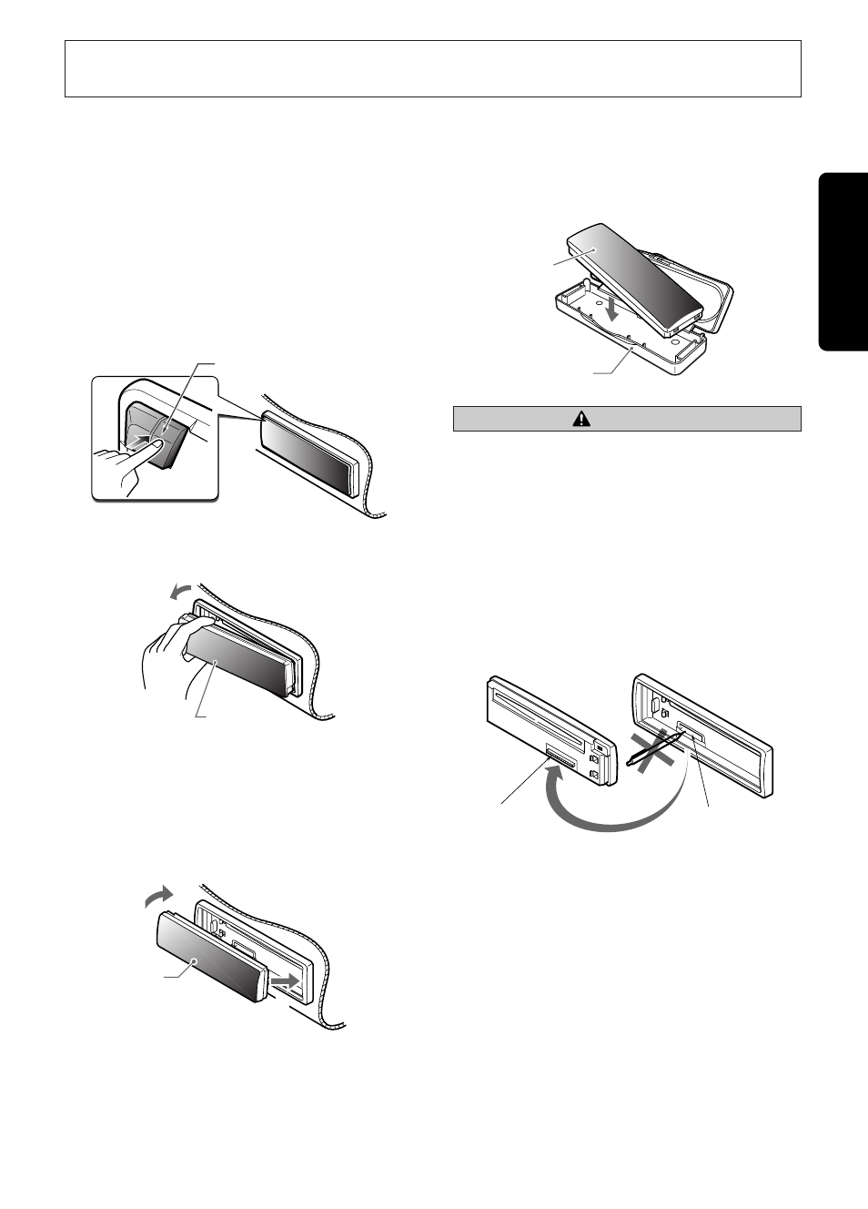 Dcp (detachable control panel), English, Removing the dcp | Attaching the dcp, Storing the dcp in the dcp case, Caution | Clarion M335/M235 User Manual | Page 5 / 12