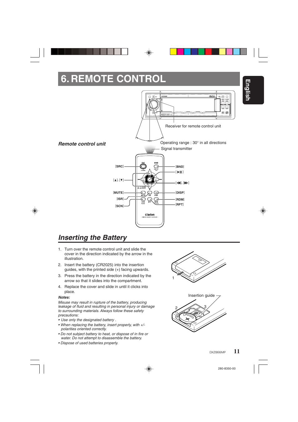 Remote control, Inserting the battery, English | Remote control unit | Clarion DXZ866MP User Manual | Page 11 / 45