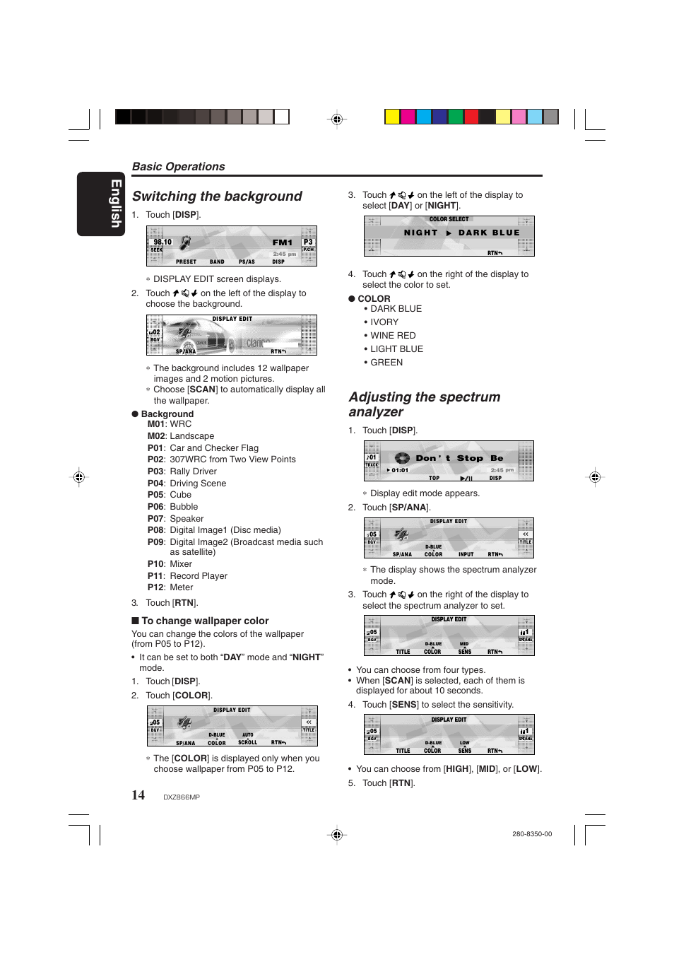 English 14, Adjusting the spectrum analyzer, Switching the background | Basic operations | Clarion DXZ866MP User Manual | Page 14 / 45