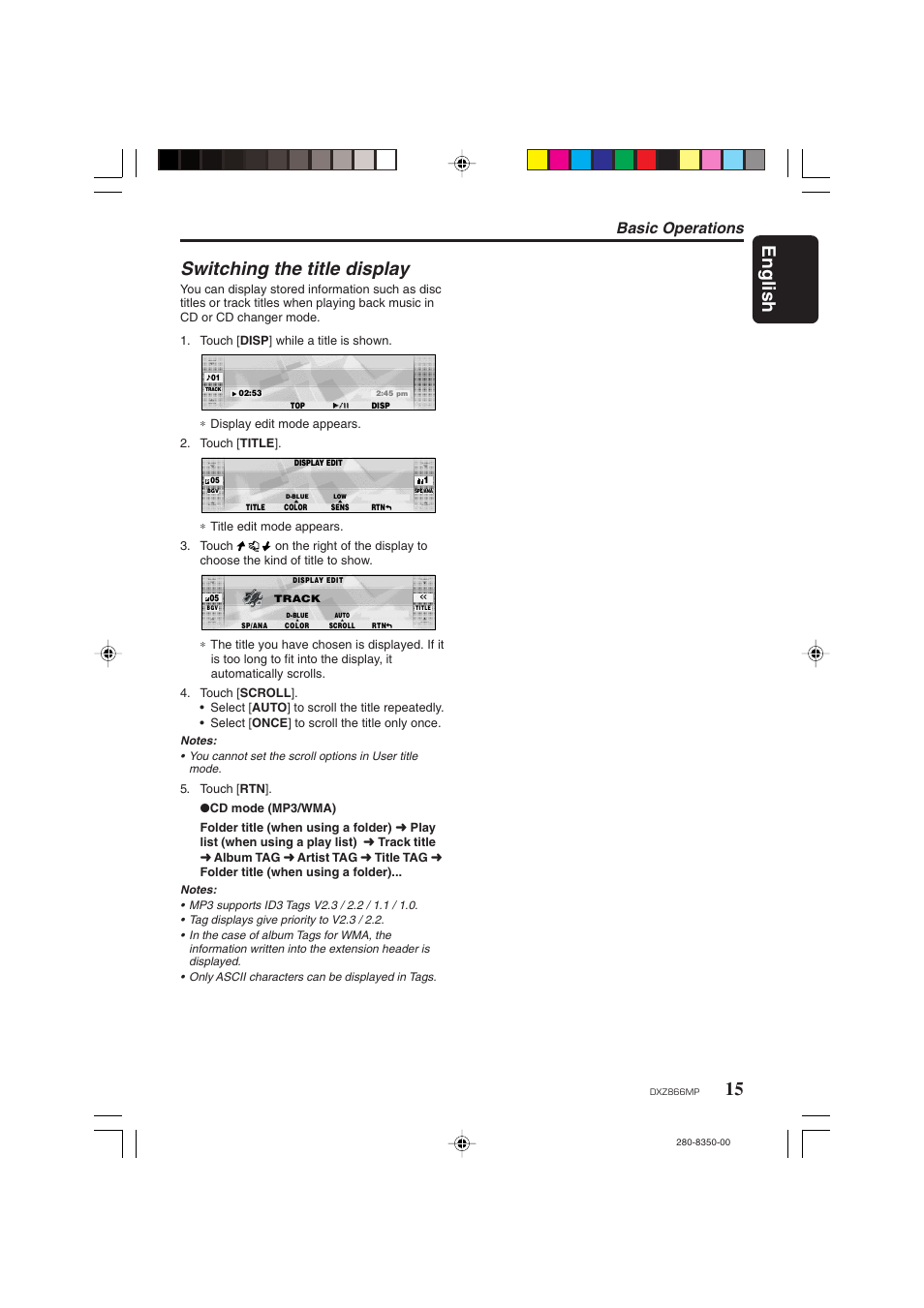 English, Switching the title display, Basic operations | Clarion DXZ866MP User Manual | Page 15 / 45