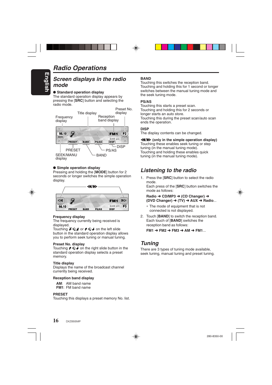 Radio operations, English 16, Screen displays in the radio mode | Listening to the radio, Tuning | Clarion DXZ866MP User Manual | Page 16 / 45