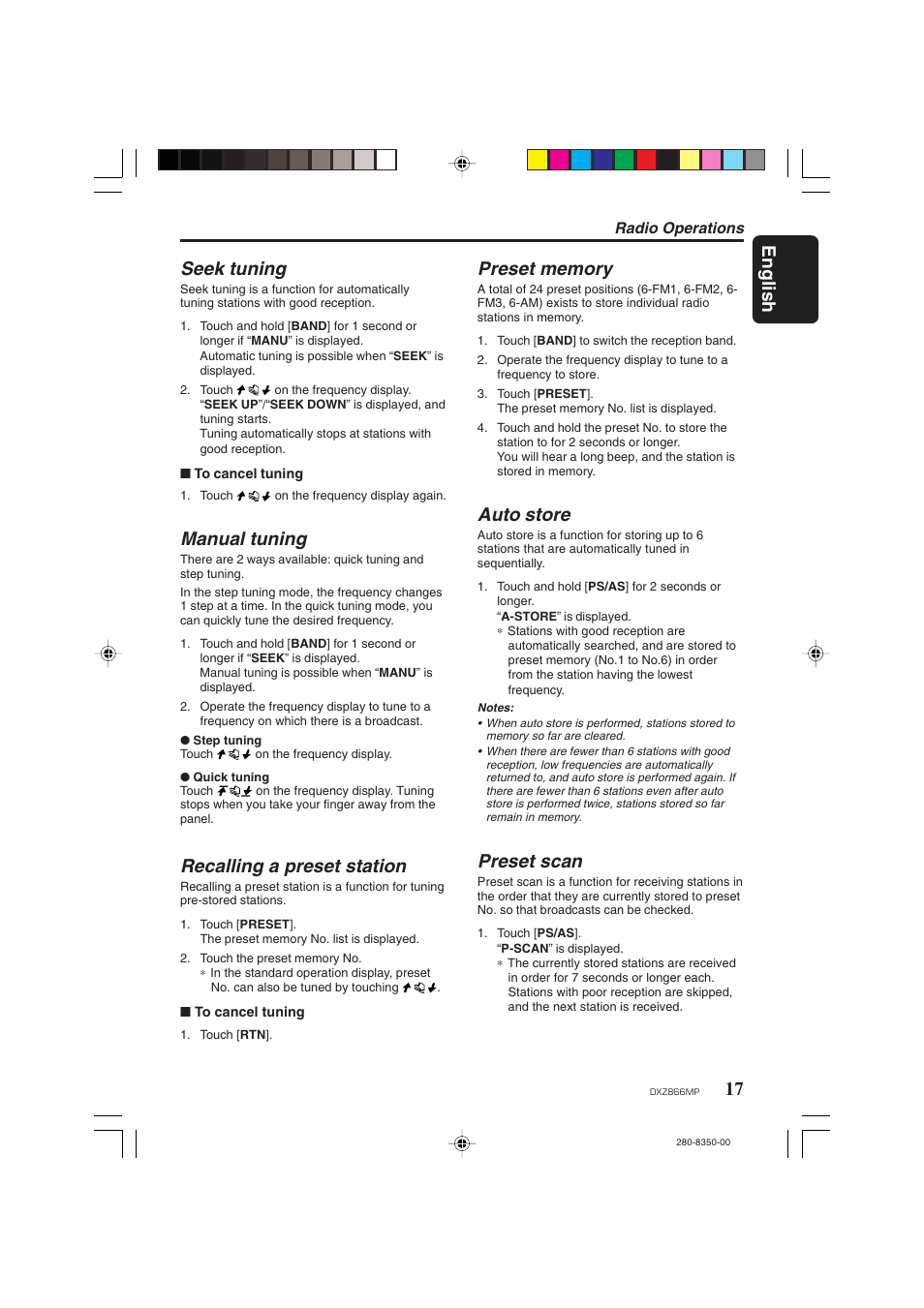 English, 17 seek tuning, Manual tuning | Recalling a preset station, Auto store, Preset scan | Clarion DXZ866MP User Manual | Page 17 / 45