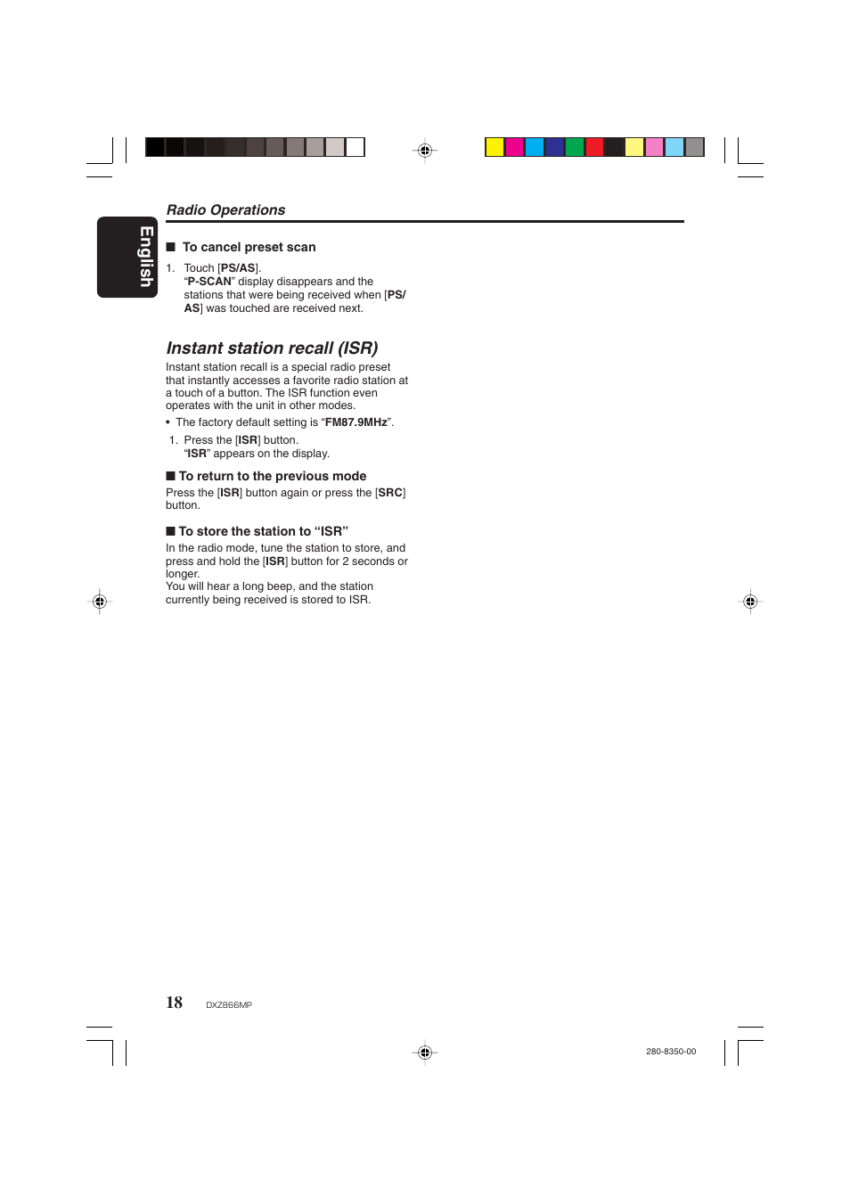 English 18, Instant station recall (isr) | Clarion DXZ866MP User Manual | Page 18 / 45