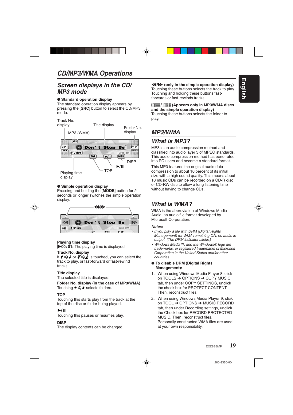 Cd/mp3/wma operations, English, Screen displays in the cd/ mp3 mode | Mp3/wma what is mp3, What is wma | Clarion DXZ866MP User Manual | Page 19 / 45