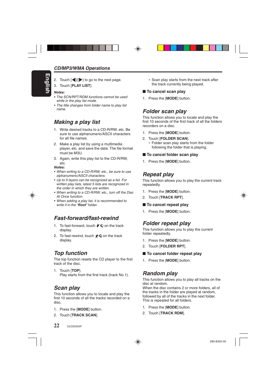 English 22, Making a play list, Fast-forward/fast-rewind | Top function, Scan play, Folder scan play, Repeat play, Folder repeat play, Random play | Clarion DXZ866MP User Manual | Page 22 / 45