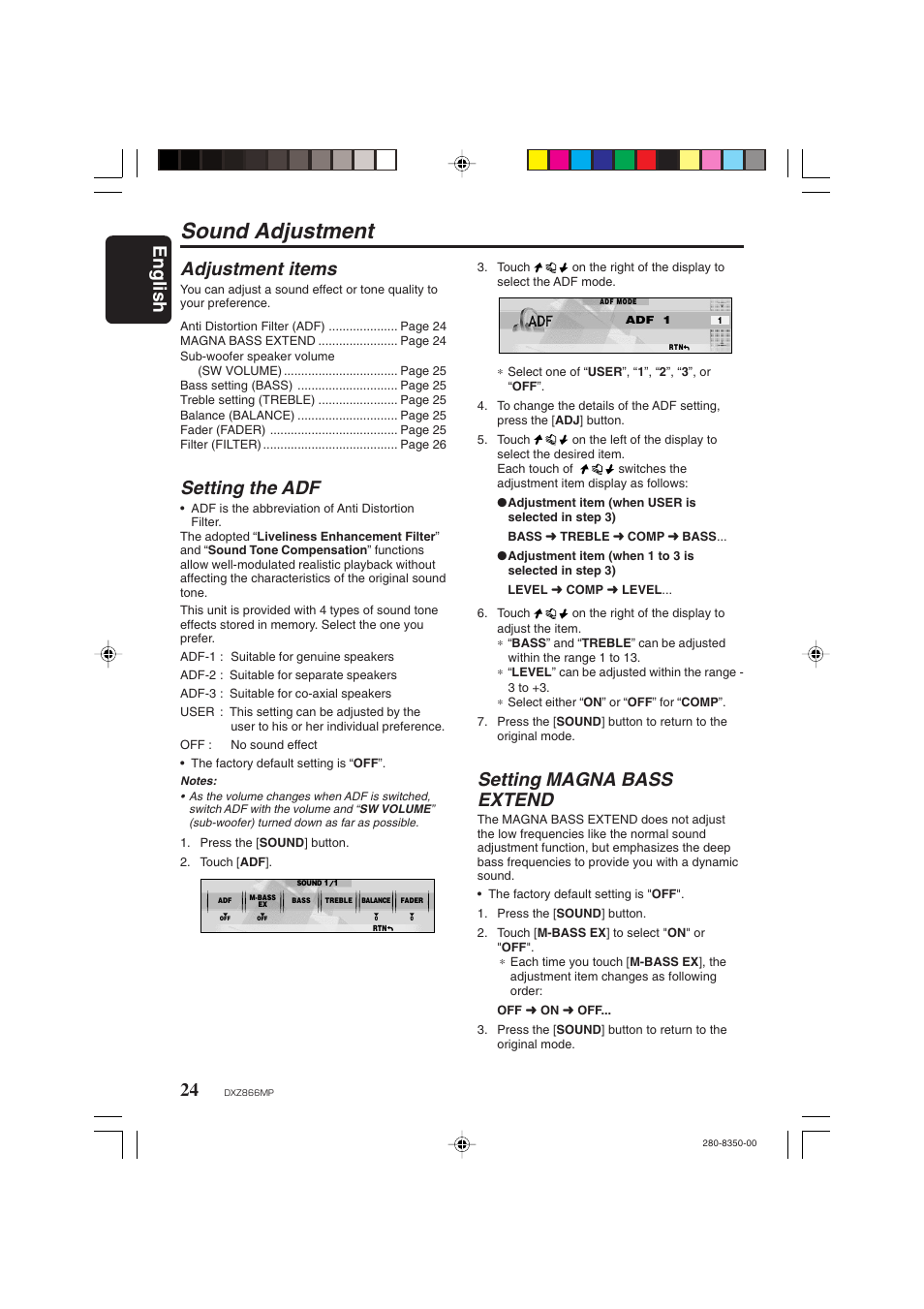 Sound adjustment, English 24, Adjustment items | Setting the adf, Setting magna bass extend | Clarion DXZ866MP User Manual | Page 24 / 45