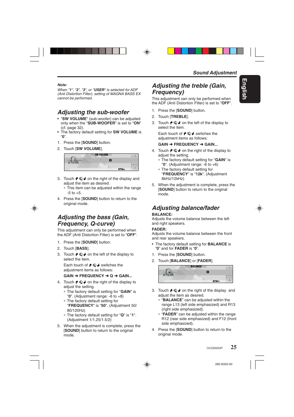 English, Adjusting the sub-woofer, Adjusting the bass (gain, frequency, q-curve) | Adjusting the treble (gain, frequency), Adjusting balance/fader, Sound adjustment | Clarion DXZ866MP User Manual | Page 25 / 45
