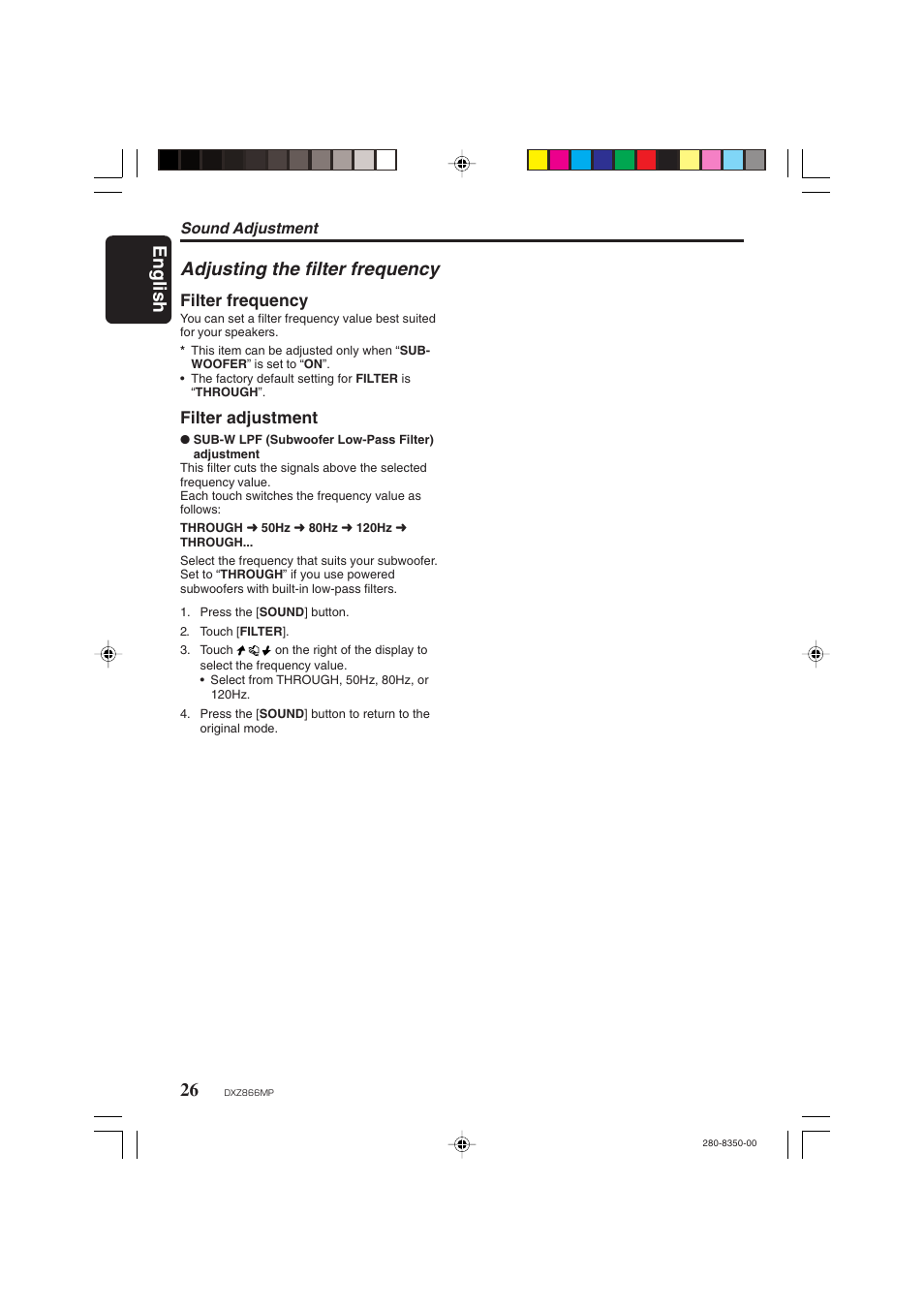English 26, Adjusting the filter frequency, Filter frequency | Filter adjustment | Clarion DXZ866MP User Manual | Page 26 / 45