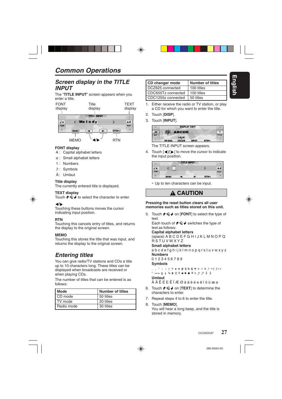 Common operations, English, Screen display in the title input | Entering titles, Caution | Clarion DXZ866MP User Manual | Page 27 / 45