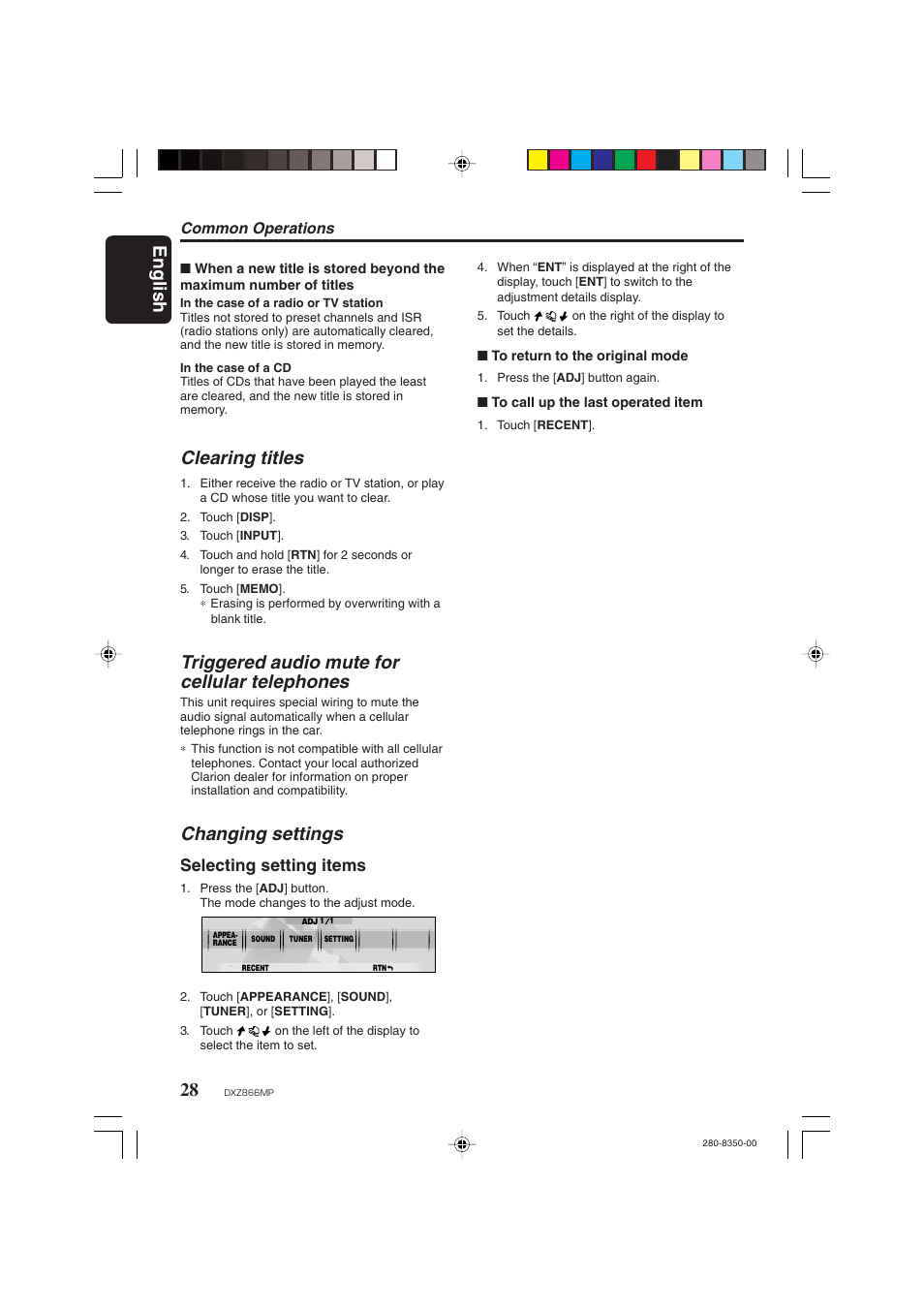 English 28, Clearing titles, Triggered audio mute for cellular telephones | Changing settings, Selecting setting items, Common operations | Clarion DXZ866MP User Manual | Page 28 / 45