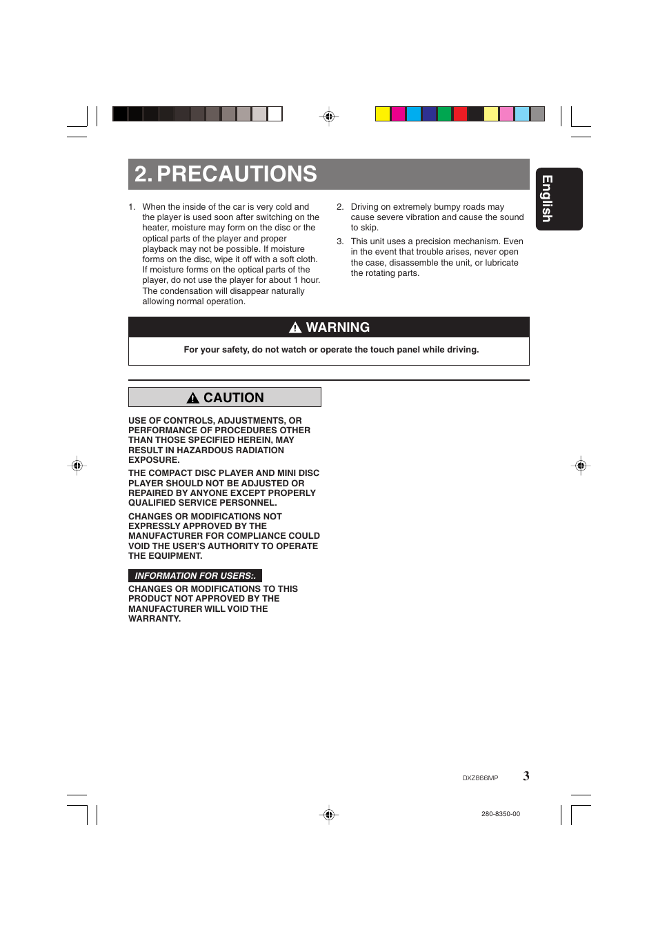 Precautions, 3english, Warning | Caution | Clarion DXZ866MP User Manual | Page 3 / 45