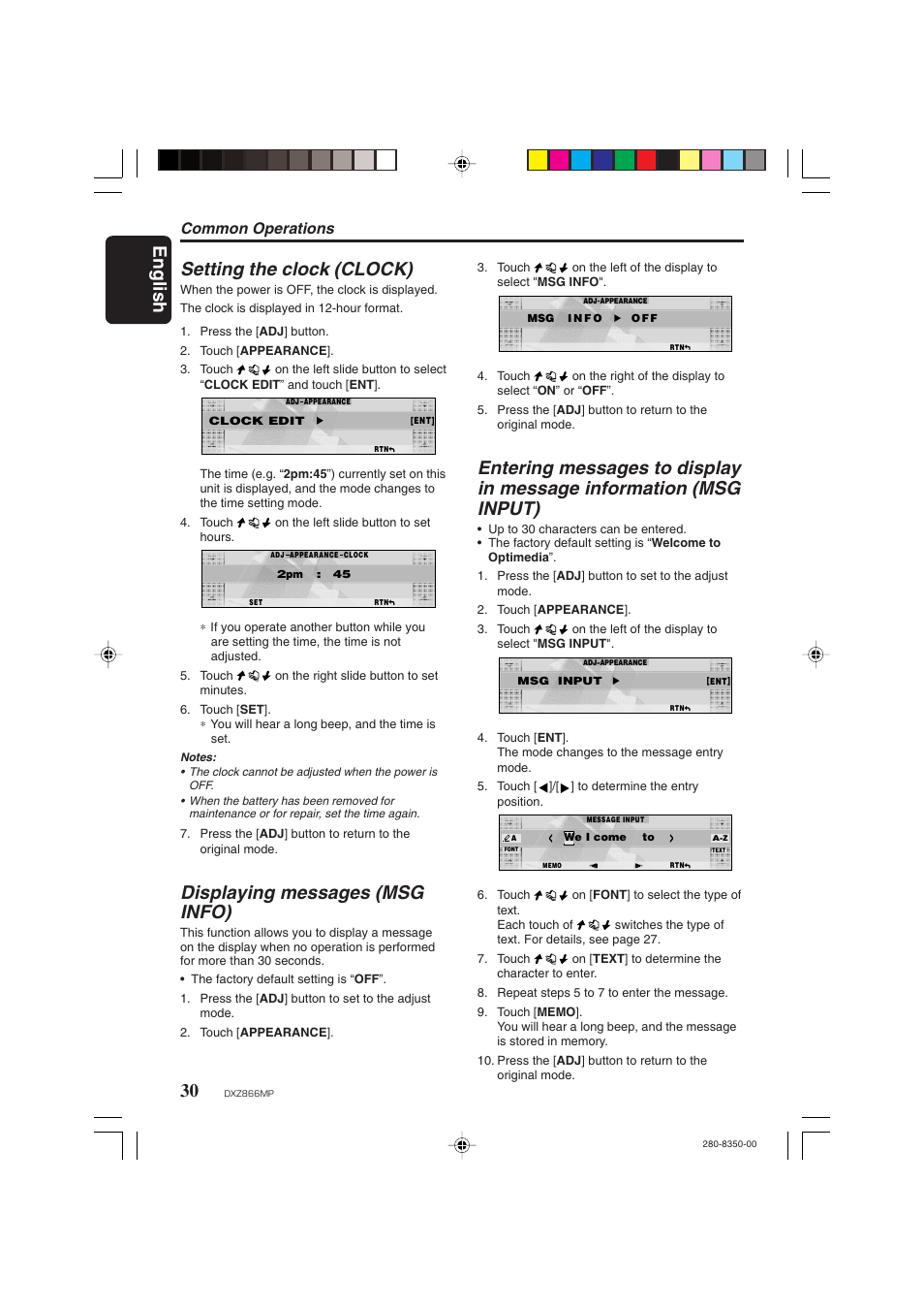 English 30, Setting the clock (clock), Displaying messages (msg info) | Common operations | Clarion DXZ866MP User Manual | Page 30 / 45