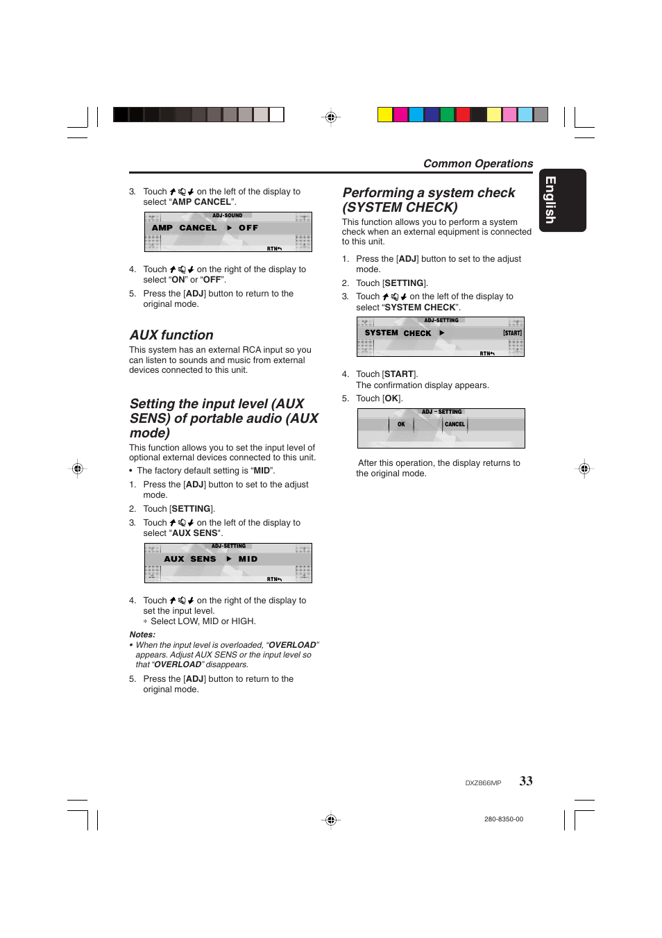 English, Aux function, Performing a system check (system check) | Common operations | Clarion DXZ866MP User Manual | Page 33 / 45