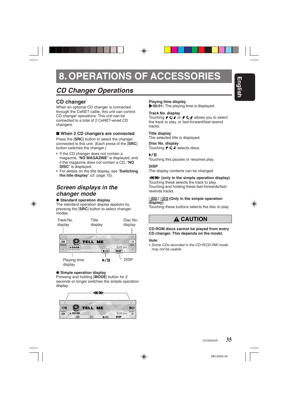 Operations of accessories, Cd changer operations, English | Screen displays in the changer mode, Caution, Cd changer | Clarion DXZ866MP User Manual | Page 35 / 45