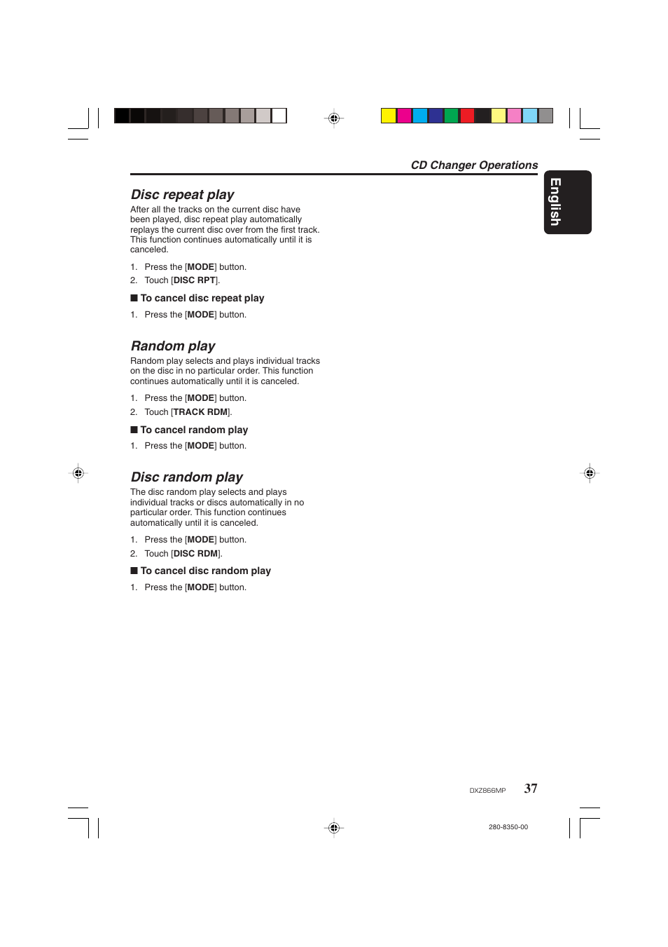 English, Disc repeat play, Random play | Disc random play | Clarion DXZ866MP User Manual | Page 37 / 45