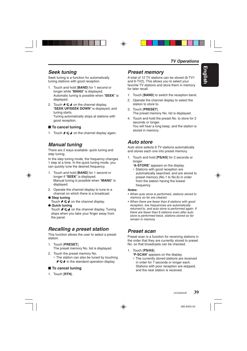 English, 39 seek tuning, Manual tuning | Recalling a preset station, Auto store, Preset scan | Clarion DXZ866MP User Manual | Page 39 / 45