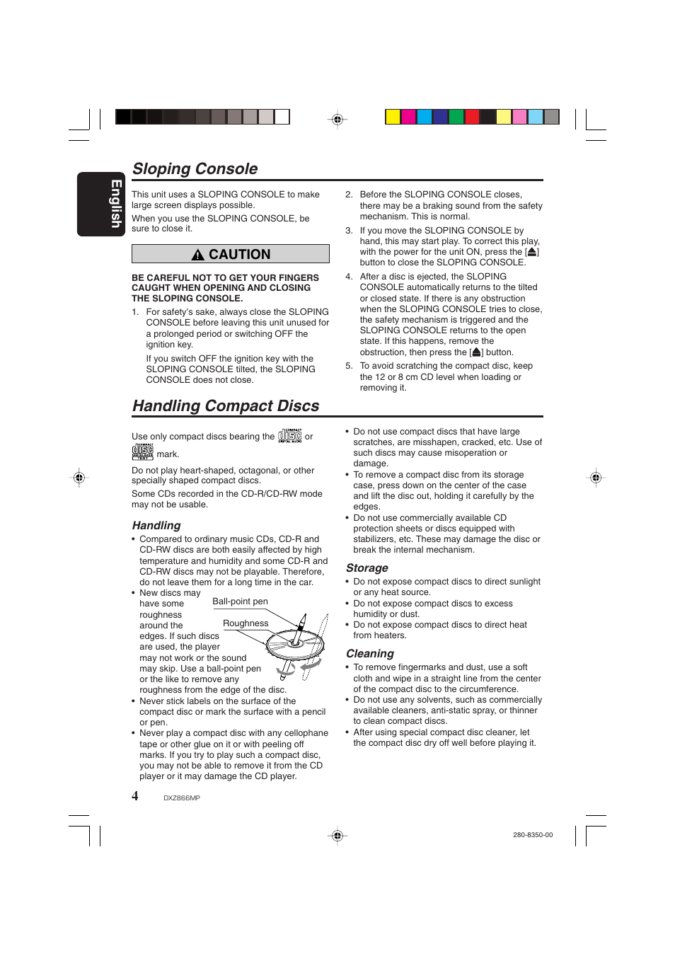 Sloping console, Handling compact discs, English | Caution | Clarion DXZ866MP User Manual | Page 4 / 45