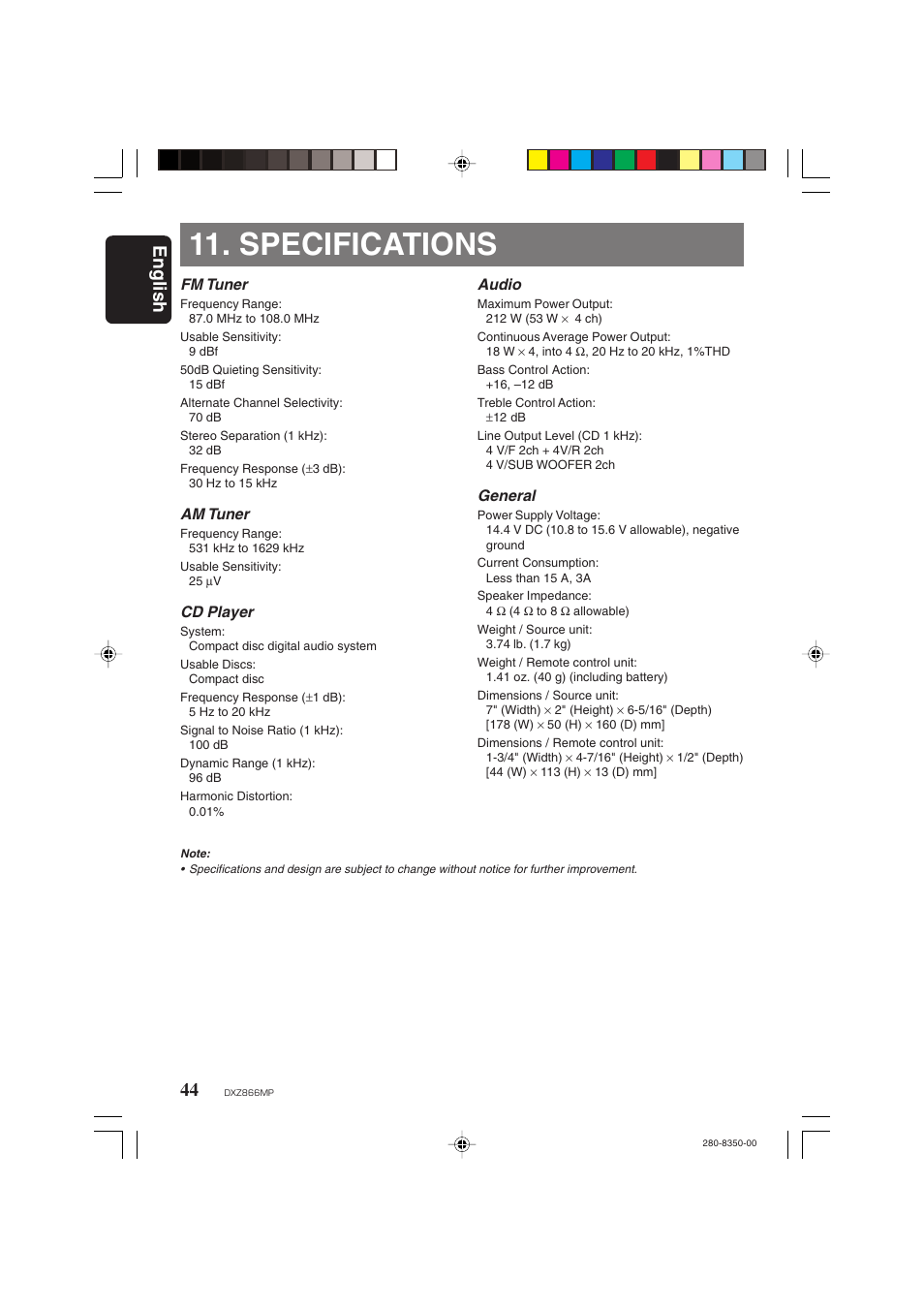 Specifications, English 44 | Clarion DXZ866MP User Manual | Page 44 / 45