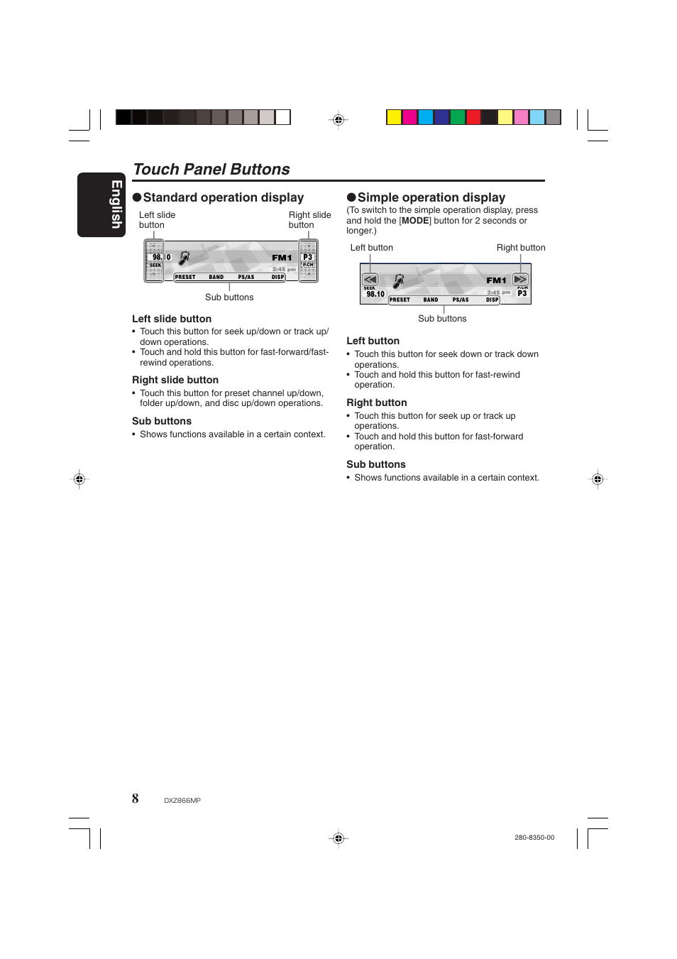 Touch panel buttons, English, Standard operation display | Simple operation display | Clarion DXZ866MP User Manual | Page 8 / 45