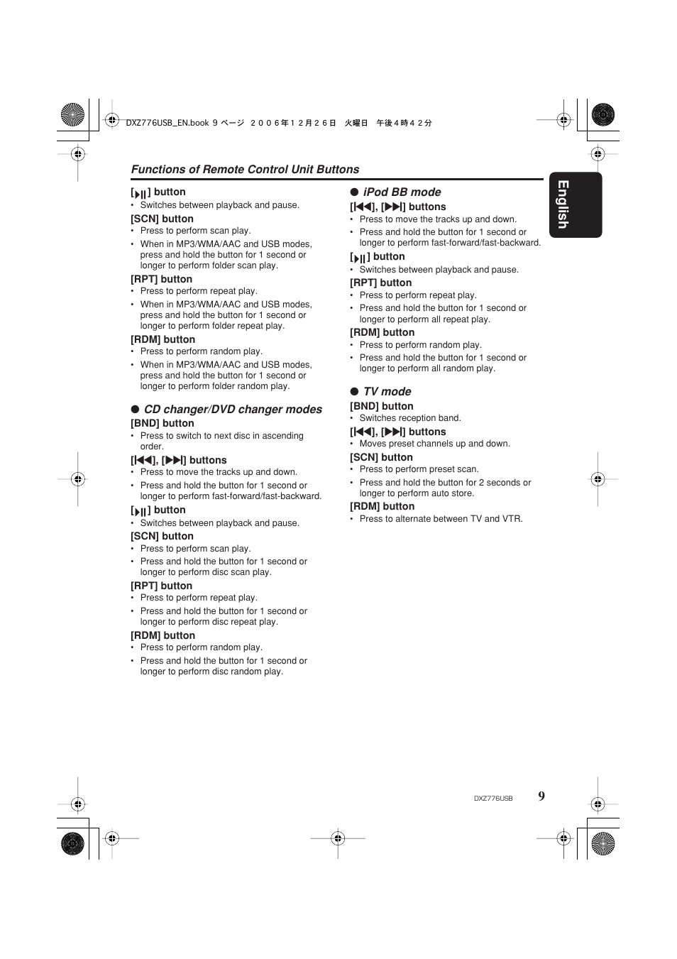 English 9 | Clarion DXZ776usb User Manual | Page 11 / 44