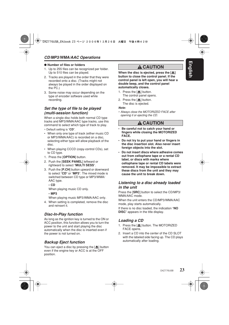 English 23, Caution | Clarion DXZ776usb User Manual | Page 25 / 44