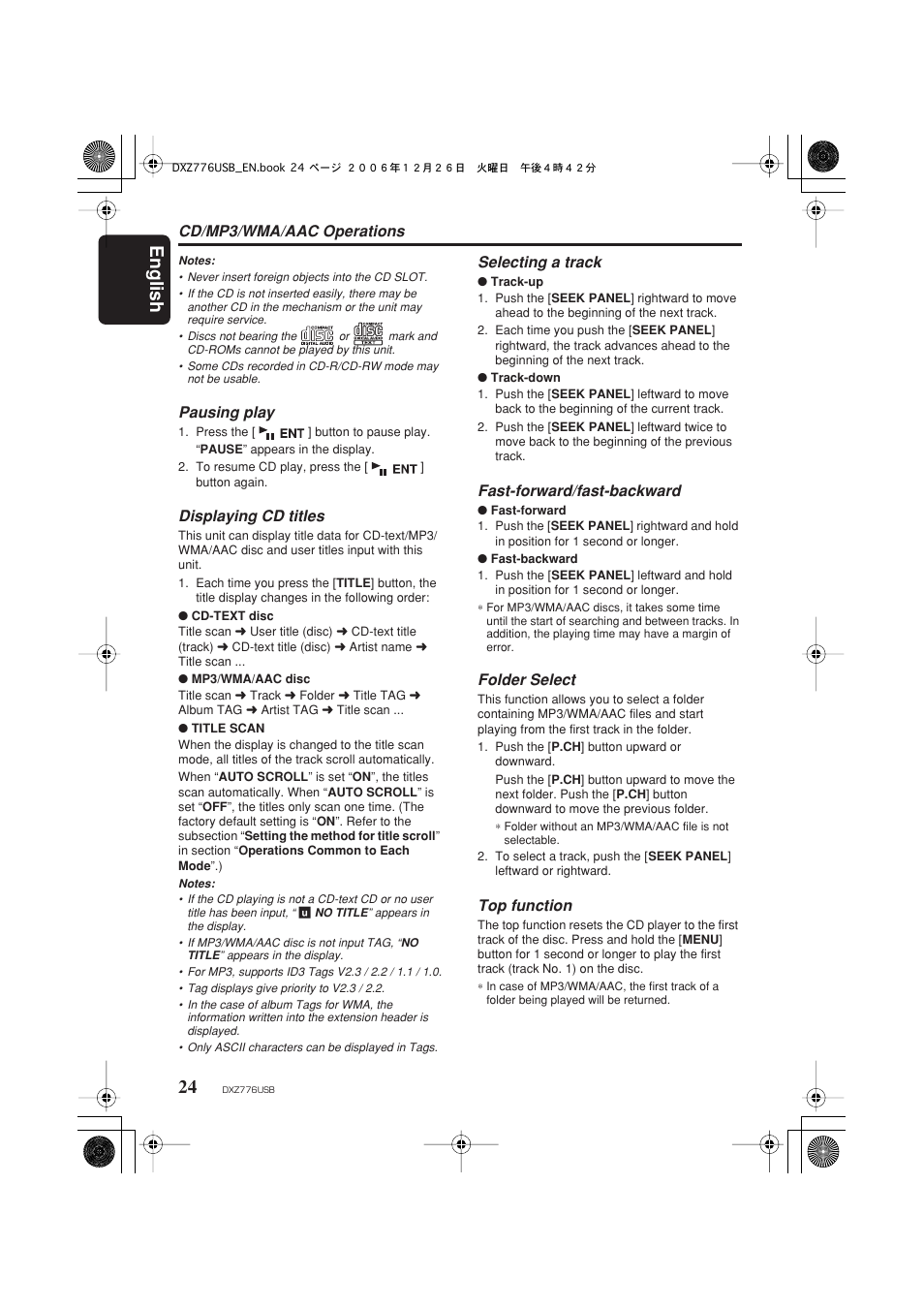 English 24, Cd/mp3/wma/aac operations, Pausing play | Displaying cd titles, Selecting a track, Fast-forward/fast-backward, Folder select, Top function | Clarion DXZ776usb User Manual | Page 26 / 44