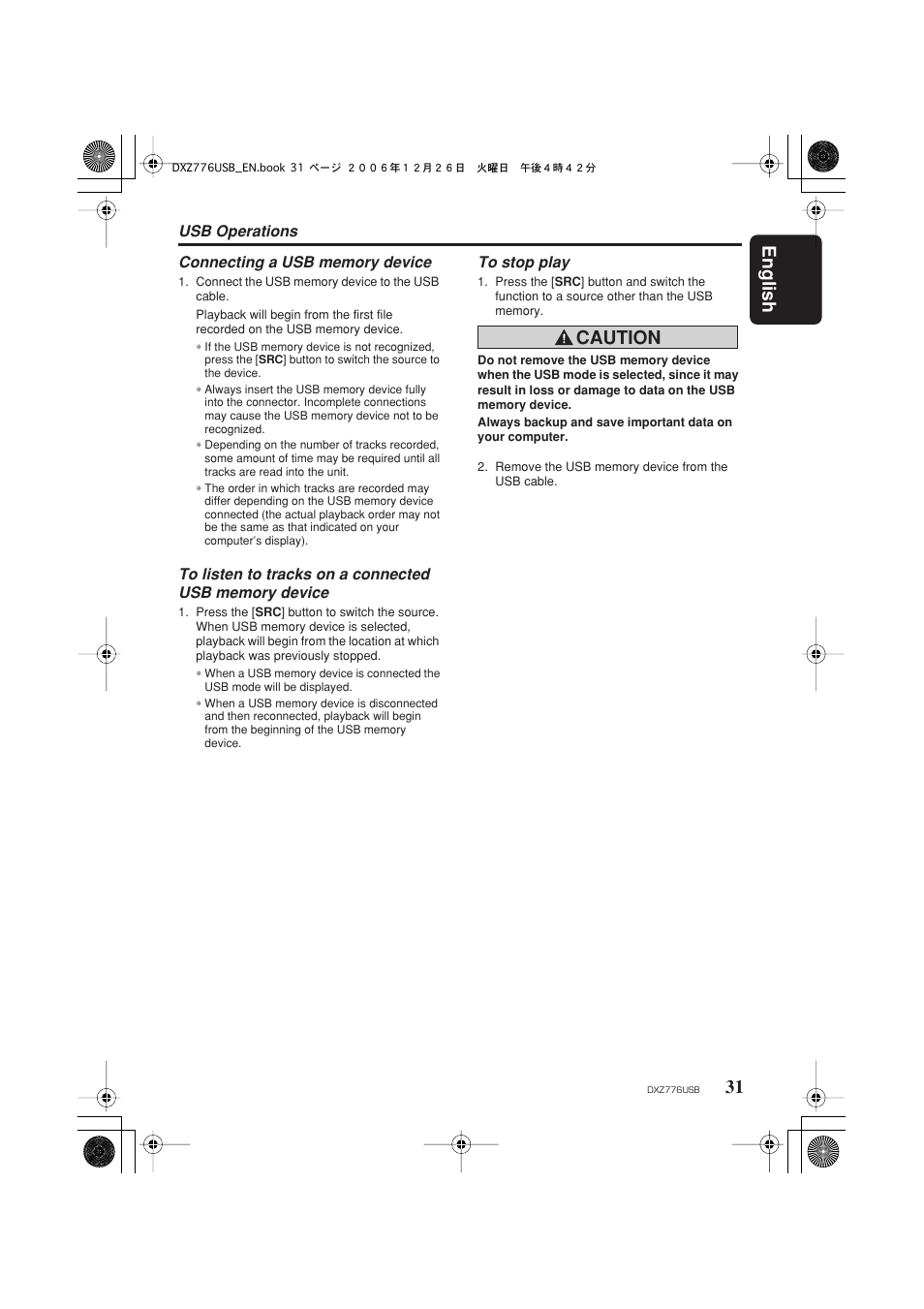 English 31, Caution | Clarion DXZ776usb User Manual | Page 33 / 44