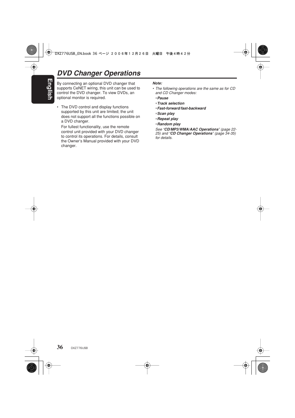 Dvd changer operations, English 36 | Clarion DXZ776usb User Manual | Page 38 / 44