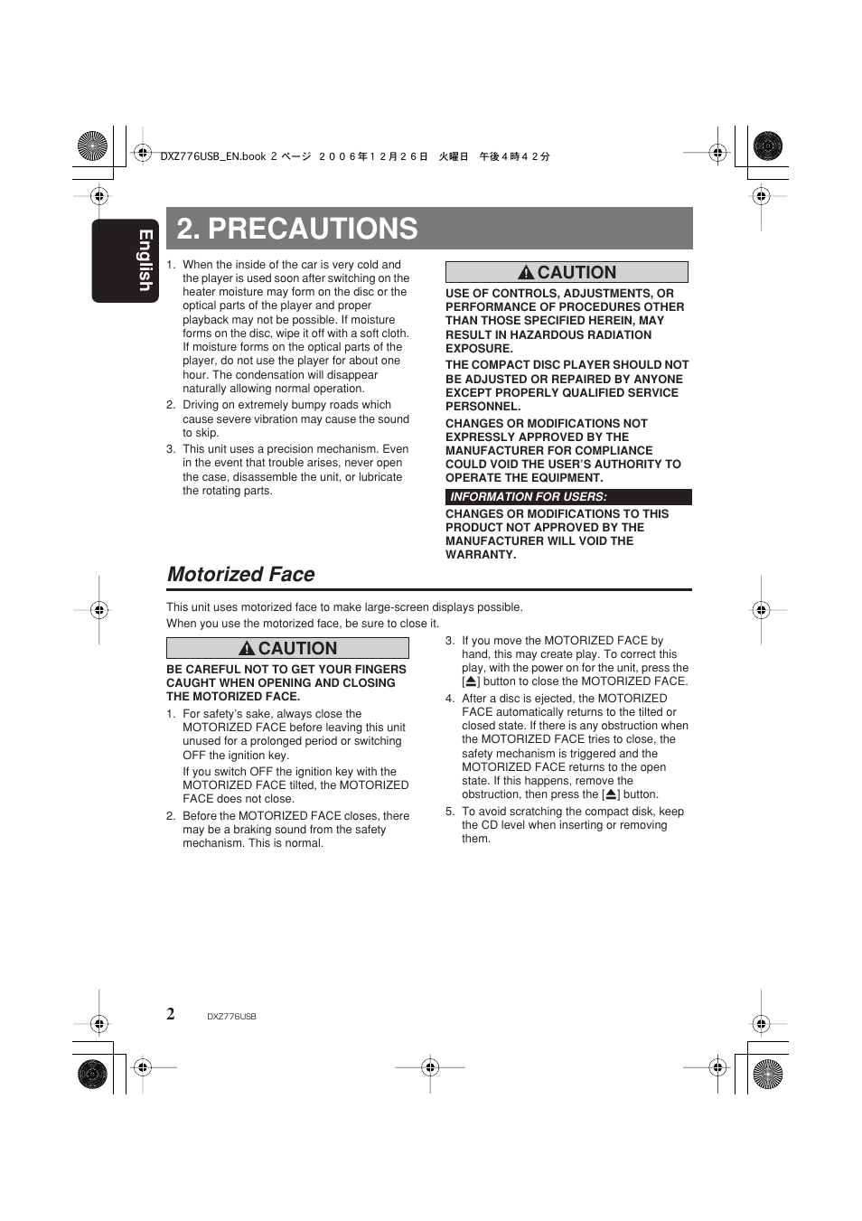 Precautions, Motorized face, English 2 | Caution | Clarion DXZ776usb User Manual | Page 4 / 44