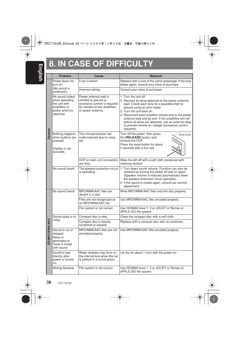 In case of difficulty, English 38 | Clarion DXZ776usb User Manual | Page 40 / 44