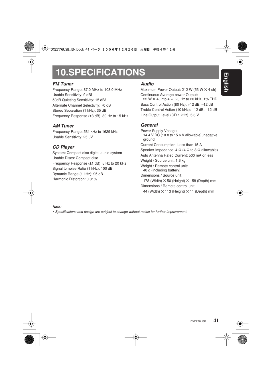 Specifications, English 41 | Clarion DXZ776usb User Manual | Page 43 / 44